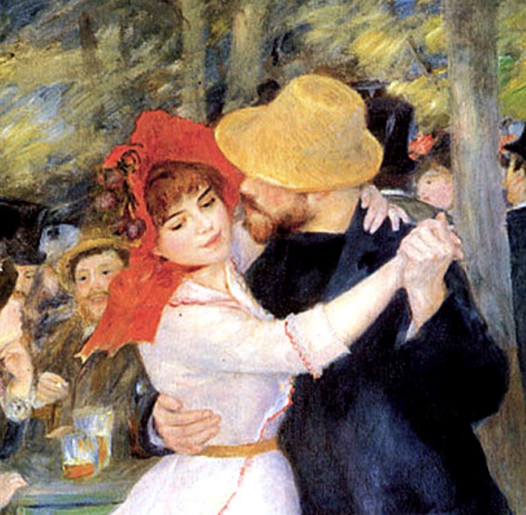 Painting of a couple dancing, with a red bonnet and a golden hat